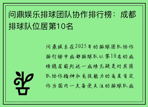 问鼎娱乐排球团队协作排行榜：成都排球队位居第10名