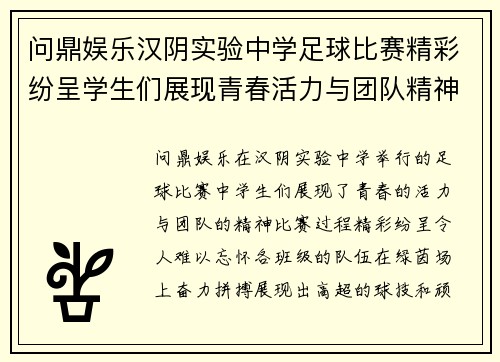 问鼎娱乐汉阴实验中学足球比赛精彩纷呈学生们展现青春活力与团队精神